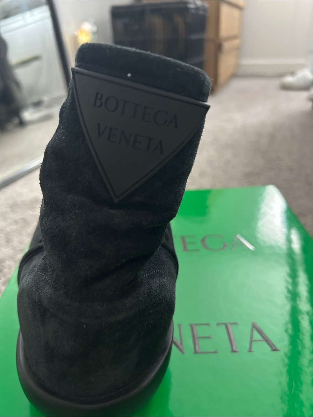 Bottega Veneta Black Suede Logo Ankle Boot on Green Box - Picture 6 of 12